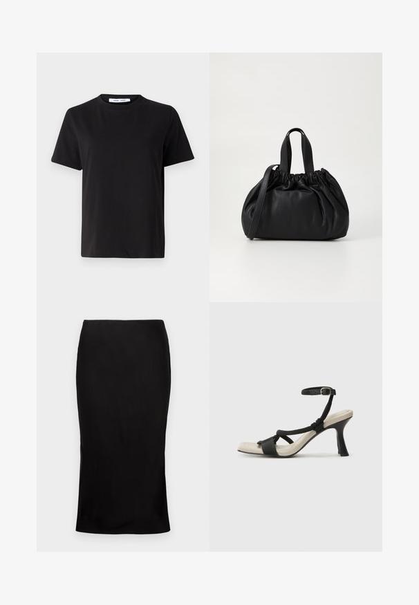 T-shirt preto de manga curta feito de algodão suave, com decote redondo, ajuste descontraído e uma textura suave. Sem padrões ou gráficos visíveis.; Saia midi preta, ajustada, com uma textura suave, detalhe de fenda lateral e um cós clássico. Projetada para uma silhueta elegante.; Sandal com salto alto preto e design de tiras trançadas, bico quadrado e tira de tornozelo ajustável. Sola em tom bege claro com um salto preto brilhante.; Bolsa de couro preta com um design de topo franzido, apresentando duas alças curtas e uma alça longa ajustável. Textura suave, formato arredondado.