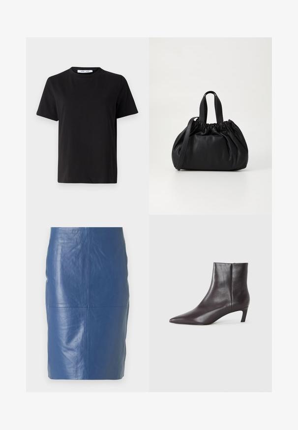 Svart kortermet t-skjorte laget av myk bomull, med rund hals, avslappet passform og en jevn tekstur. Ingen synlige mønstre eller grafikk.; 2nd Day JAYAN - Skinnskjørt - ensign blue; Svart lær ankelstøvlett med spiss tå og lav kitten hæl, jevn finish, glidelås på siden, vist på en nøytral bakgrunn.; Svart lærveske med en samlet toppdesign, som har to korte håndtak og en lang justerbar stropp. Glatt tekstur, rund form.