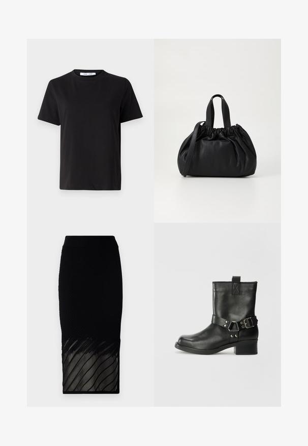 Svart kortermet t-skjorte laget av myk bomull, med rund hals, avslappet passform og en jevn tekstur. Ingen synlige mønstre eller grafikk.; Svart skjørt med ribbe tekstur, med en gjennomsiktig bunn med horisontale striper. Designet er tettsittende og rekker til midt på leggen.; Samsøe Samsøe SABRENTA - Cowboystøvletter - black; Svart lærveske med en samlet toppdesign, som har to korte håndtak og en lang justerbar stropp. Glatt tekstur, rund form.