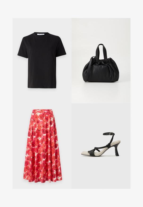 Tricou negru cu manșon scurt, fabricat din bumbac moale, având un guler rotund, o croială lejeră și o textură netedă. Fără modele sau grafice vizibile.; Fustă cu talie elastică, prezentând un model floral cu maci roșii și roz pe un fundal alb. Formă A-line fluidă, material ușor.; Sandal cu toc negru, cu design de curea împletită, vârf pătrat și curea de gleznă ajustabilă. Tălpică de un bej deschis și toc negru lucios.; Geantă de mână din piele neagră cu un design cu partea superioară plisată, având două mânere scurte și o curea lungă ajustabilă. Textură netedă, formă rotunjită.