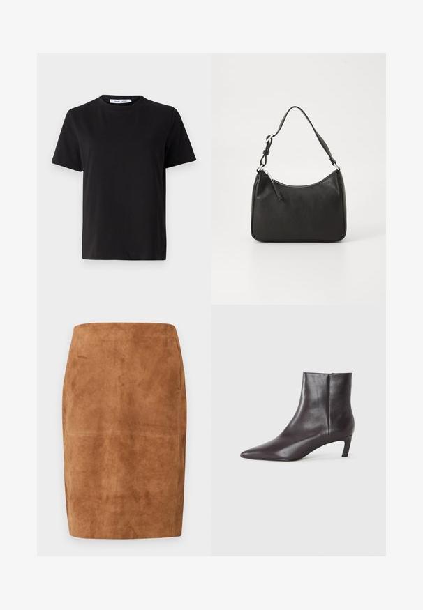 T-shirt nero a maniche corte realizzato in morbido cotone, con scollatura rotonda, vestibilità rilassata e una superficie liscia. Nessun motivo o grafica visibile.; Gonna a tubo in suede marrone con vita alta e orlo al ginocchio, caratterizzata da dettagli delle cuciture sottili.; Stivale in pelle nera alla caviglia con punta affilata e tacco kitten basso, finitura liscia, zip laterale, mostrato su uno sfondo neutro.; Borsa a tracolla in pelle nera con forma curva, una tracolla singola, chiusura con zip e marchio discreto sul fronte. Texture liscia, design minimalista.