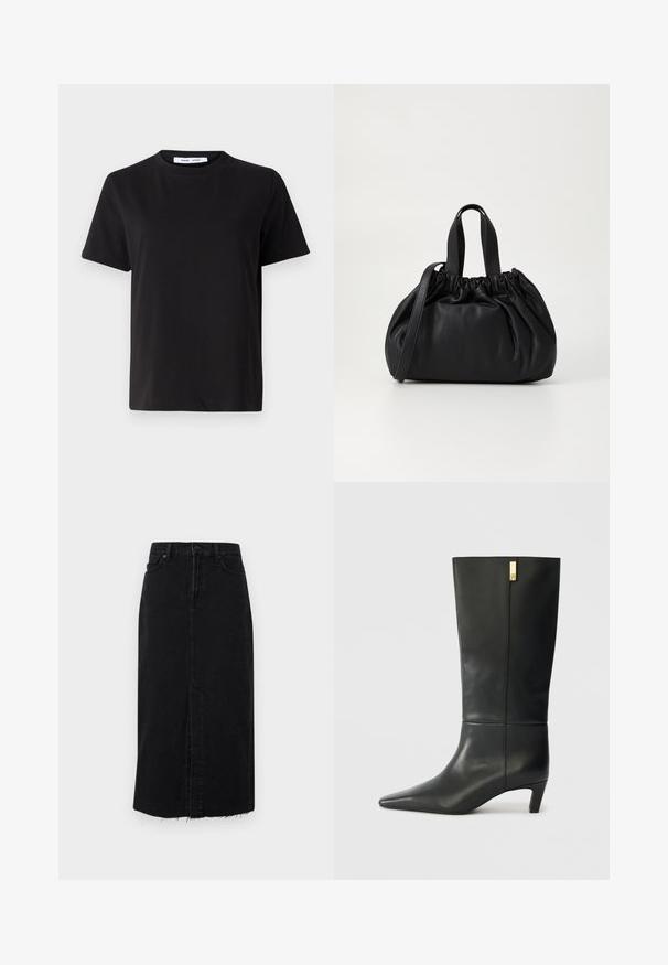 Black short-sleeve t-shirt made of soft cotton, featuring a round neckline, relaxed fit, and a smooth texture. No visible patterns or graphics.; Black denim midi skirt with a straight cut, front slit, and frayed hem. Features a button closure and two side pockets.; Black leather knee-high boot with a pointed toe and a small heel. Features a sleek design with a gold accent detail. Smooth texture.; Black leather handbag with a gathered top design, featuring two short handles and a long adjustable strap. Smooth texture, rounded shape.