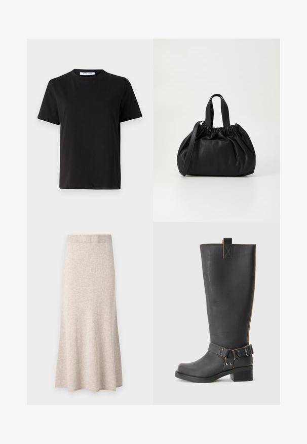 Czarny t-shirt z krótkim rękawem wykonany z miękkiej bawełny, z okrągłym dekoltem, luźnym krojem i gładką fakturą. Bez widocznych wzorów ani grafik.; Jasno beżowa spódnica dzianinowa z prążkowanym pasem, w rozkloszowanym fasonie A, o miękkiej teksturze, z delikatnymi wariacjami w tkaninie.; Czarne skórzane, wysokie do kolan botki o teksturowanym wykończeniu, wyposażone w akcent w postaci klamry z boku oraz niski obcas. Szczegółowe przeszycia wzdłuż szwów.; Czarna skórzana torebka z zebranym wykończeniem, z dwoma krótkimi uchwytami i długim regulowanym paskiem. Gładka tekstura, zaokrąglony kształt.
