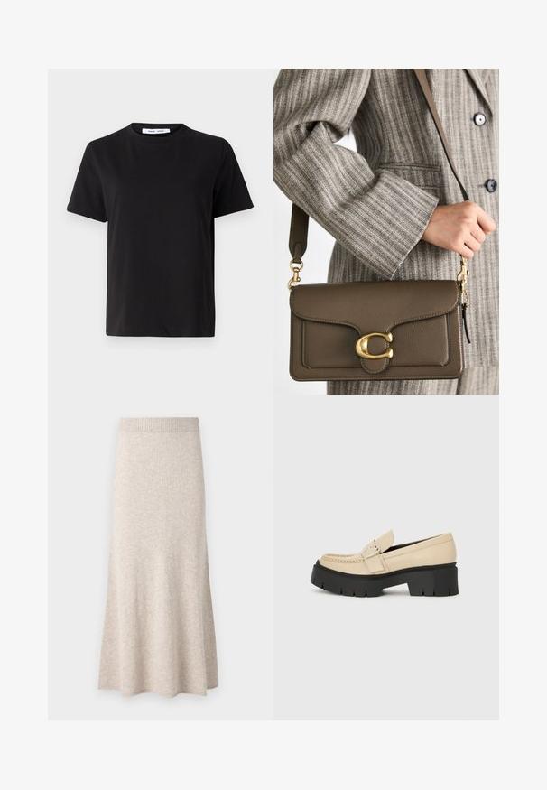 Sort t-shirt med korte ærmer fremstillet af blødt bomuld, med rund halsudskæring, afslappet pasform og en glat overflade. Ingen synlige mønstre eller grafik.; Lys beige strikket nederdel med ribbede linning, flared A-formet facon og blød tekstur, som har subtile variationer i stoffet.; Beige læder loafers med sort chunky sål, der har en dekorativ spænde og syninger foran. Sidevisning.; COACH TABBY SHOULDER BAG 26 - Håndtasker - dark stone