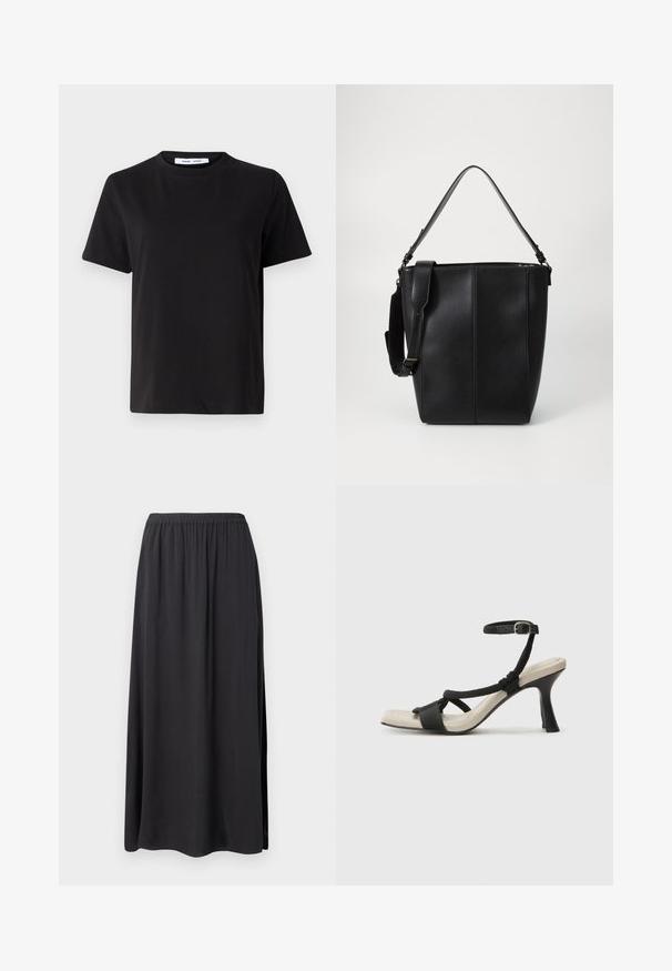 Čierne tričko s krátkym rukávom vyrobené z mäkkej bavlny, s okrúhlym výstrihom, uvoľneným strihom a hladkou štruktúrou. Žiadne viditeľné vzory ani grafika.; Čierna maxi sukňa vyrobená z mäkkého, splývavého materiálu. Obsahuje elastický pás a bočné rozparky, čo zabezpečuje pohodlný strih a siluetu.; Čierne sandále na podpätku s pleteným pásikom, štvorcovou špičkou a nastaviteľným remienkom okolo členka. Svetlobéžová stielka s lesklým čiernym podpätkom.; Čierna kožená vedierková taška s hladkým povrchom, dvoma nosnými popruhmi a kontrastným vertikálnym prešívaním vpredu.