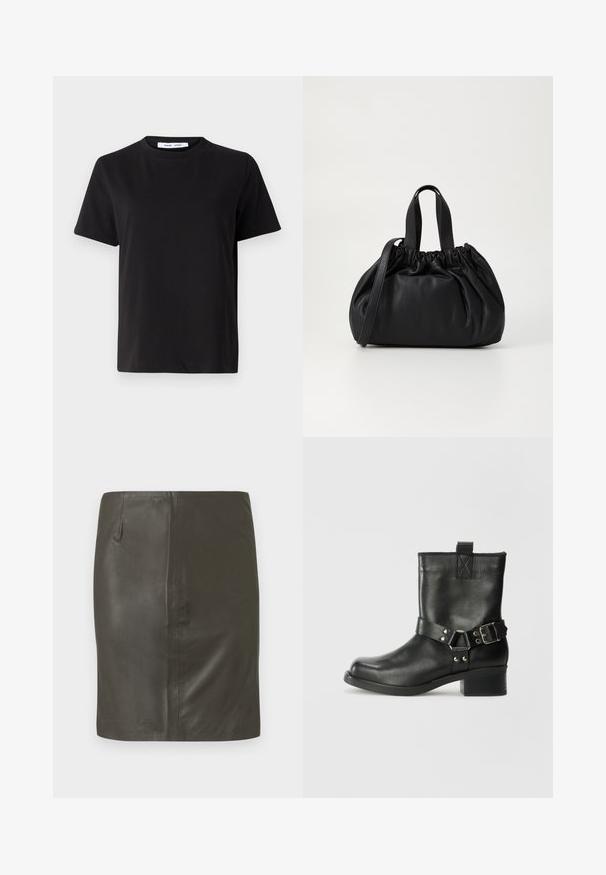 Svart kortärmad t-shirt i mjuk bomull, med rund halsringning, avslappnad passform och en mjuk yta. Inga synliga mönster eller tryck.; Mörkgrön läderkjol med slät textur, figurnära passform och en enda sidoficka. Enkel design utan synliga detaljer eller mönster.; Samsøe Samsøe SABRENTA - Cowboy- / Bikerstövletter - black; Svart läderhandväska med en samlad toppdesign, som har två korta handtag och ett långt justerbart axelband. Slät textur, rund form.