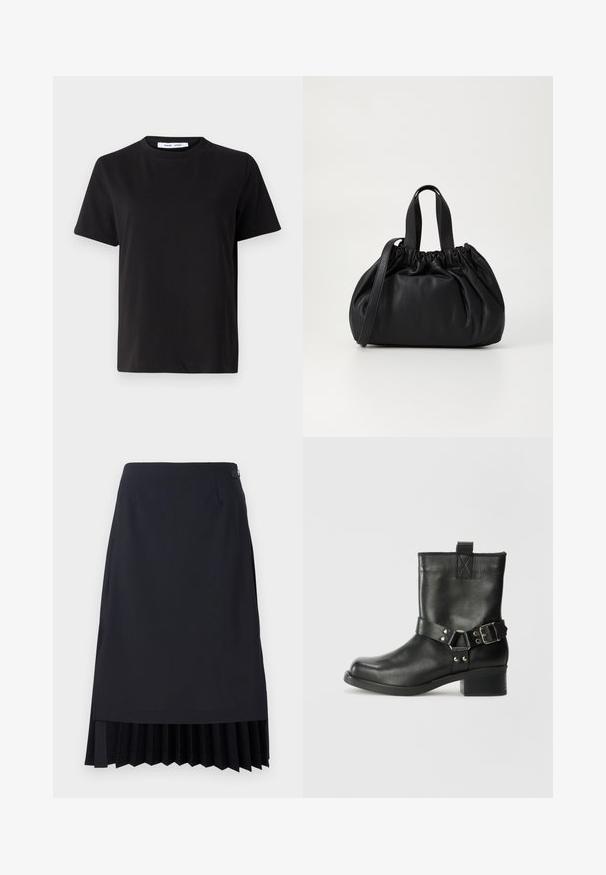 Sort t-shirt med korte ærmer fremstillet af blødt bomuld, med rund halsudskæring, afslappet pasform og en glat overflade. Ingen synlige mønstre eller grafik.; Sort blyantskirt med plisseret kant, skræddersyet pasform og en glat tekstur. Indeholder en diskret sidelukning og minimalistisk detaljering.; Samsøe Samsøe SABRENTA - Cowboy- / bikerstøvlette - black; Sort læderhåndtaske med en samlet topdesign, der har to korte håndtag og en lang justerbar rem. Glat overflade, rund form.