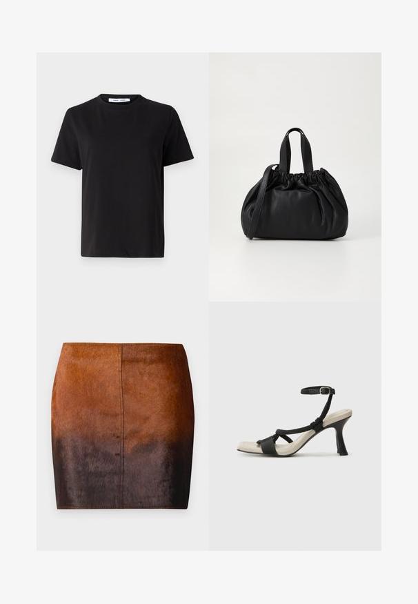 Camiseta negra de manga corta hecha de algodón suave, con un cuello redondo, corte relajado y una textura lisa. Sin patrones ni gráficos visibles.; Mini falda de degradado marrón hecha de un material suave, con una textura lisa, una silueta ajustada y costuras precisas a lo largo de los bordes.; Sanda¡ía de tacón negro con diseño de tira trenzada, punta cuadrada y correa ajustable en el tobillo. Plantilla de color beige claro con un tacón negro brillante.; Bolso de mano de cuero negro con un diseño de parte superior fruncida, que cuenta con dos asas cortas y una correa larga ajustable. Textura suave, forma redondeada.