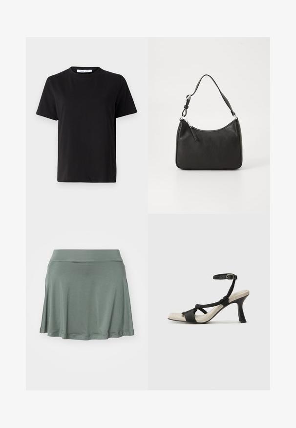 Fekete, rövid ujjú póló, puha pamutból készült, kerek nyakkivágással, laza szabással és sima textúrával. Nincs látható minta vagy grafikák.; Zöld, harang szabású szoknya puha anyagból. Rugalmas derékkal és sima textúrával rendelkezik. Egyszerű dizájn, minta vagy kiemelés nélkül.; Fekete sarkú szandál fonott pánttal, négyzet alakú orral és állítható bokapánttal. Világos bézs talpbetét fényes fekete sarkával.; Fekete bőrtáska ívelt formával, egyetlen pánttal, cipzáras záródással és diszkrét logóval az elején. Simább textúra, minimalista dizájn.