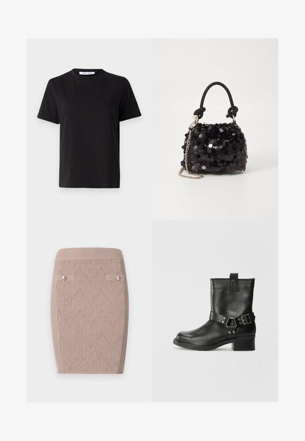 Μαύρη κοντομάνικη μπλούζα φτιαγμένη από μαλακό βαμβάκι, με στρογγυλή λαιμόκοψη, άνετη εφαρμογή και απαλό υλικό. Χωρίς ορατά σχέδια ή γραφικά.; Πλεκτή μίνι φούστα σε ανοιχτό μπεζ με υφαντό σχέδιο "Μ", ριμπ λάστιχο στη μέση και δύο πλαϊνά κουμπιά για έμφαση.; Samsøe Samsøe SABRENTA - Μποτάκι καουμπόι/μηχανόβιου - black; Μαύρη τσάντα μίνι από παγιέτες με υφασμάτινη strap και ασημένια αλυσίδα. Στρογγυλή μορφή με μαζεμένο πάνω μέρος και ανακλαστικές λεπτομέρειες.