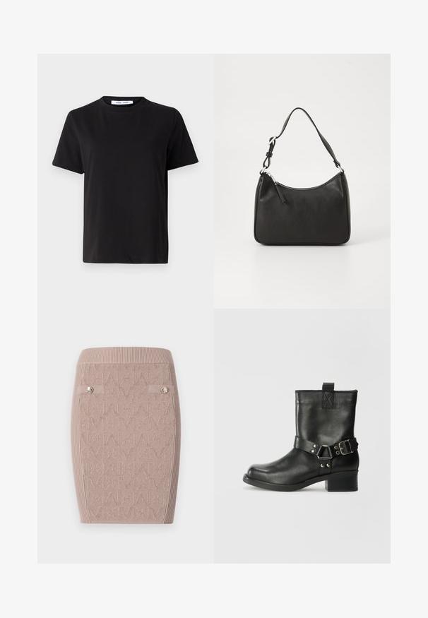 Črna majica s kratkimi rokavi iz mehkega bombaža, ki ima okroglo izrezovanje, udoben kroj in gladko teksturo. Brez vidnih vzorcev ali grafike.; Pleteni svinčnik krilo v svetlo bež barvi z teksturiranim vzorcem "M", rebrast pas in dve stranski gumbi kot poudarek.; Samsøe Samsøe SABRENTA  - Gležnjar v kavbojskem in motorističnem slogu - black; Črna usnjena torba za roke s ukrivljenim oblikom, enim trakom, zadrgo in diskretnim blagovnim znamkom na sprednjem delu. Gladka tekstura, minimalističen dizajn.