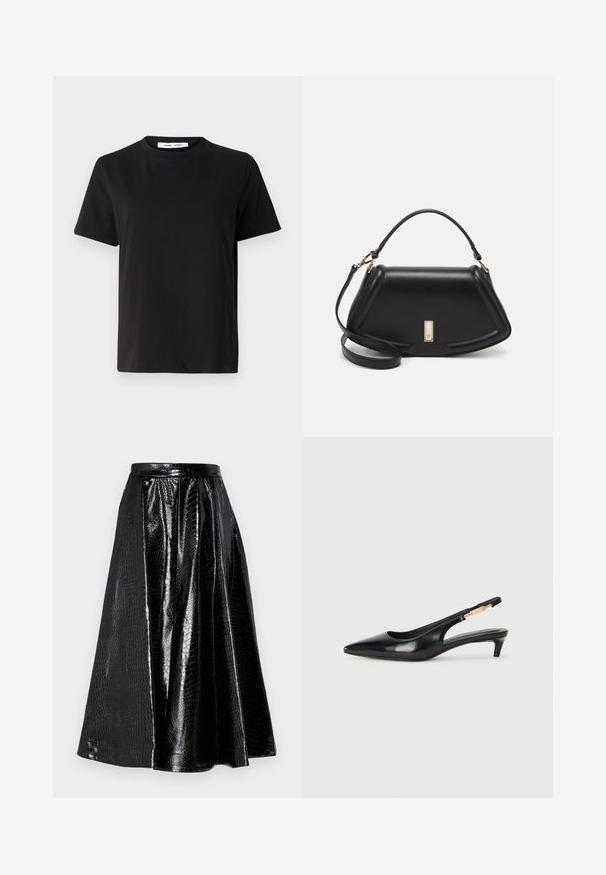 T-shirt noir à manches courtes en coton doux, avec un col rond, une coupe décontractée et une texture lisse. Pas de motifs ni de graphiques visibles.; Jupe noire en simili cuir avec une texture gaufrée crocodile, présentant un design évasé et des plis,finie par une taille lisse.; Talons hauts en cuir noir avec un bout pointu, dotés d'un talon fin et d'un accent en ton or sur la lanière réglable. Texture lisse.; Sac à main en cuir noir avec un design structuré, featuring une forme cropped, une poignée supérieure et des accents en matériel doré. Bandoulière réglable incluse.