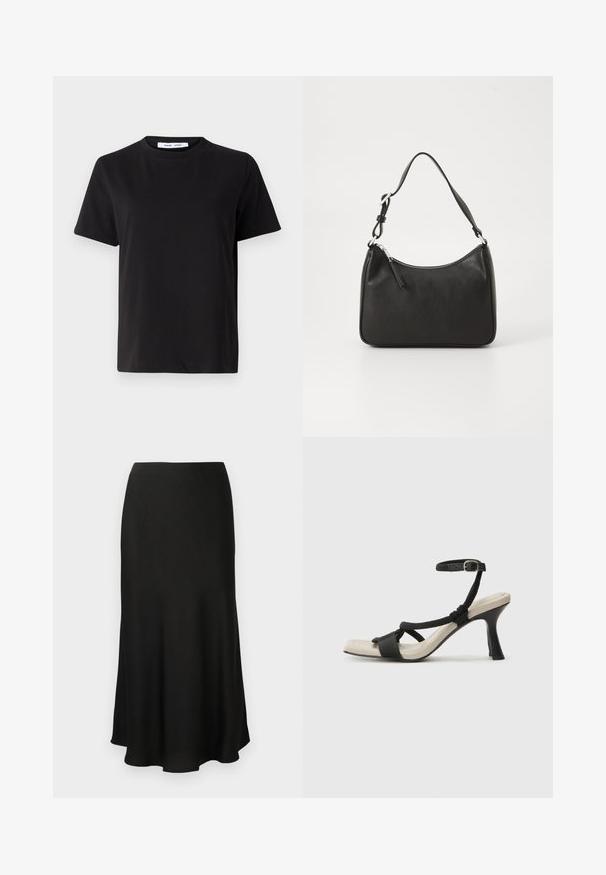 Svart kortermet t-skjorte laget av myk bomull, med rund hals, avslappet passform og en jevn tekstur. Ingen synlige mønstre eller grafikk.; Svart, flytende midi-skjørt laget av mykt stoff. Har en glatt midjebånd og en lett utsvingt kant med en elegant silhuett.; Sorte helårs sandaler med flettet stroppesdesign, firkantet tå og justerbar ankelrem. Lys beige fotseng med glanset svart hæl.; Svart lærveske med en buet form, en enkelt stropp, glidelåslukking og subtil merkevarebygging på forsiden. Glatt tekstur, minimalistisk design.