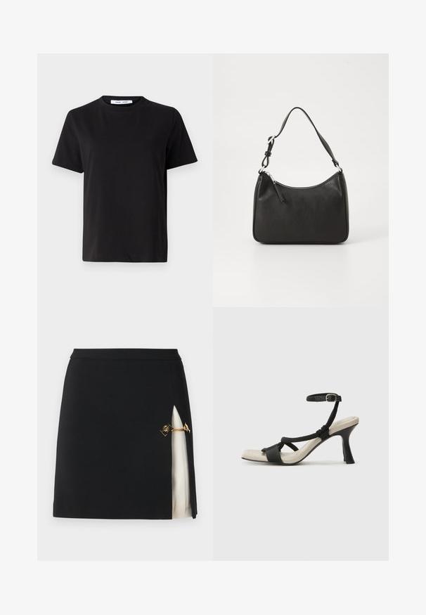 T-shirt noir à manches courtes en coton doux, avec un col rond, une coupe décontractée et une texture lisse. Pas de motifs ni de graphiques visibles.; Mini jupe noire avec une fente latérale révélant une couche inférieure crème, dotée d'une quincaillerie en chaîne dorée et d'un tissu lisse et soyeux.; Sandale à talon noir avec un design de brides tressées, bout carré et bride de cheville réglable. Semelle intérieure beige claire avec un talon noir brillant.; Sac à main en cuir noir avec une forme courbée, une seule sangle, fermeture éclair et un logo discret à l'avant. Texture lisse, design minimaliste.
