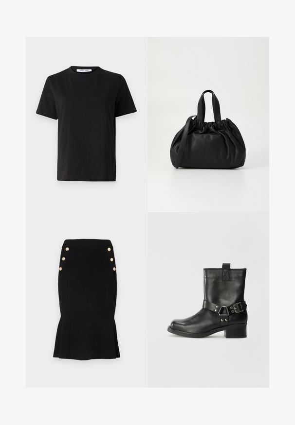 Čierne tričko s krátkym rukávom vyrobené z mäkkej bavlny, s okrúhlym výstrihom, uvoľneným strihom a hladkou štruktúrou. Žiadne viditeľné vzory ani grafika.; Čierna pletená ceruzková sukňa s rebrovanou textúrou, rozšíreným lemom a zlatými gombíkovými akcentmi na páse pre dodanie detailu.; Samsøe Samsøe SABRENTA - Kovbojská/motorkárska členková čižma - black; Čierna kožená kabelka so zberaným vrchom, s dvoma krátkymi držadlami a dlhým nastaviteľným popruhom. Hladká textura, zaoblený tvar.