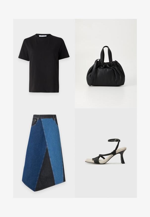 Melna īsām piedurknēm T-kreklu, kas izgatavots no mīksta kokvilnas, ar apļveida kakla izgriezumu, brīvu piegriezumu un gludu tekstūru. Nav redzamu rakstu vai grafikas.; Denim svārki ar trīsstūrveida pachetu dizainu tumši zilā, vidēji zilo un gaiši zilā tonī, ar paplatinātu formu un neapstrādātu malumu.; Melnas augstpapēžu sānijas ar pinuma siksnu dizainu, kvadrātveida purngali un regulējamu potītes siksnu. Gaismas beidzamais kāju paklājiņš ar spīdīgu melnu papēdi.; Melnas ādas rokassomu ar savākta augšdaļa dizainu, kas aprīkota ar divām īsām rokturiem un garu regulējamu siksnu. Gluda tekstūra, noapaļota forma.