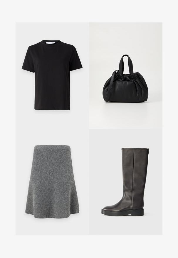 Juodas trumpas rankovės marškinėliai, pagaminti iš minkštos medvilnės, su apvaliu iškirpimu, laisvu pritaikymu ir lygiu paviršiumi. Nėra matomų raštų ar grafikos.; Pilkos A formos sijonas, pagamintas iš minkštos, tekstūruotos medžiagos. Sijonas turi prigludusią juosmenį ir išplatintą apatinę dalį, kuri sukuria sklandų siluetą.; Juodos odinės iki kelių botai su storu padu ir subtiliu Calvin Klein logotipu viršuje, matomi iš šono.; Juoda odinė rankinė su susiraukšlėjusiu viršumi, su dviem trumpomis rankenėlėmis ir ilga reguliuojama juosta. Lygus paviršius, apvalios formos.