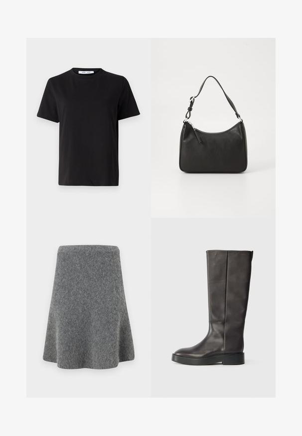 Schwarzes T-Shirt mit kurzen Ärmeln aus weicher Baumwolle, mit rundem Ausschnitt, lockerer Passform und glatter Textur. Keine sichtbaren Muster oder Grafiken.; Grauer A-Linien-Rock aus weichem, strukturiertem Material. Verfügt über einen taillierten Bund und einen ausladenden Saum, der eine glatte Silhouette bietet.; Schwarze knöchelhohe Lederstiefel mit dicker Sohle und dezentem Calvin Klein Logo nahe der oberen Kante, seitlich gezeigt.; Schwarze Lederhandtasche mit geschwungener Form, einem einzigen Tragegurt, Reißverschlussverschluss und dezentem Branding auf der Vorderseite. Glatte Textur, minimalistisches Design.