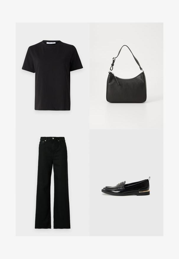 T-shirt preto de manga curta feito de algodão suave, com decote redondo, ajuste descontraído e uma textura suave. Sem padrões ou gráficos visíveis.; Jeans de denim preto com uma cintura alta, corte largo, apresentando um fecho frontal com botão e zip e um design clássico de cinco bolsos.; Sapatos mocassim de couro patente preto com biqueira arredondada, uma fita decorativa e um destaque dourado no salto. Textura suave com detalhes costurados.; Mala de mão em couro preto com formato curvo, uma alça, fecho em zip e uma marcação discreta na frente. Textura suave, design minimalista.