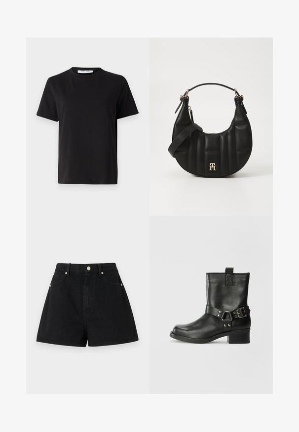Černé tričko s krátkým rukávem vyrobené z měkké bavlny, s kulatým výstřihem, volným střihem a hladkým povrchem. Žádné viditelné vzory ani grafika.; Černé džínové šortky s vysokým pasem, pěti kapsami, stříbrnými detaily a standardním střihem, s hladkým povrchem a čistým provedením.; Samsøe Samsøe SABRENTA - Kovbojské/motorkářské kotníkové boty - black; Černá kožená kabelka s zakřiveným tvarem, prošívanou texturou a zlatými detaily. Obsahuje odnímatelný ramenní popruh a detail s logem.