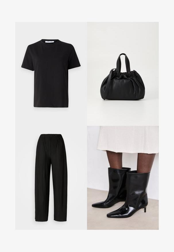 T-shirt noir à manches courtes en coton doux, avec un col rond, une coupe décontractée et une texture lisse. Pas de motifs ni de graphiques visibles.; Pantalons larges plissés noirs avec une taille élastique. Le tissu présente des plis verticaux et une texture lisse.; Calvin Klein HEEL MID BOOT - Bottes - black; Sac à main en cuir noir avec un design à haut froncé, doté de deux poignées courtes et d'une bandoulière longue et réglable. Texture lisse, forme arrondie.