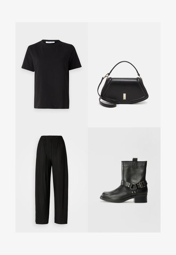 Juodas trumpas rankovės marškinėliai, pagaminti iš minkštos medvilnės, su apvaliu iškirpimu, laisvu pritaikymu ir lygiu paviršiumi. Nėra matomų raštų ar grafikos.; Juodos plisuotos plačios kojos kelnės su elastine juostos. Medžiaga pasižymi vertikaliomis plokštelėmis ir lygiu paviršiumi.; Samsøe Samsøe SABRENTA  - Kaubojiški / motociklininko stiliaus aulinukai - black; Juoda odinė rankinė su struktūrizuotu dizainu, turi trumpą formą, viršutinę rankeną ir auksinius akcentus. Pridėtas reguliuojamas peties diržas.