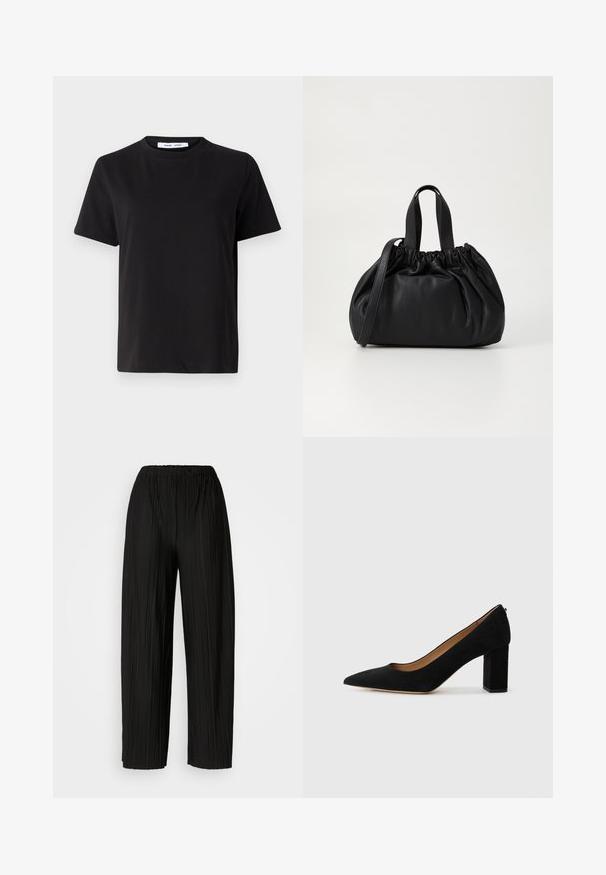 Juodas trumpas rankovės marškinėliai, pagaminti iš minkštos medvilnės, su apvaliu iškirpimu, laisvu pritaikymu ir lygiu paviršiumi. Nėra matomų raštų ar grafikos.; Juodos plisuotos plačios kojos kelnės su elastine juostos. Medžiaga pasižymi vertikaliomis plokštelėmis ir lygiu paviršiumi.; Juodas zomšos aukštakulnis batelis su siauru priekiu ir blokiniu kulniuku. Lygus paviršius ir žemesnis iškirptės aukštis ties kulkšnimis, suteikiantis papildomo patogumo.; Juoda odinė rankinė su susiraukšlėjusiu viršumi, su dviem trumpomis rankenėlėmis ir ilga reguliuojama juosta. Lygus paviršius, apvalios formos.