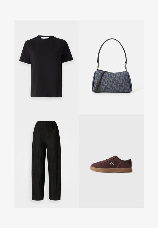 Crna kratka majica s kratkim rukavima od mekanog pamuka, s okruglim izrezom, opuštenim krojem i glatkom teksturom. Nema vidljivih uzoraka ili grafike.; Crne široke hlače s nabranim nogavicama i elastičnim pojasom. Tkanina ima vertikalne nabore i glatku teksturu.; Calvin Klein Tenisice - bordeaux; Plava torba s uzorkom izrađena od tkanine, s konveksnim oblikom, crnim kožnim remenom i dizajnom loga u svjetlijoj nijansi.
