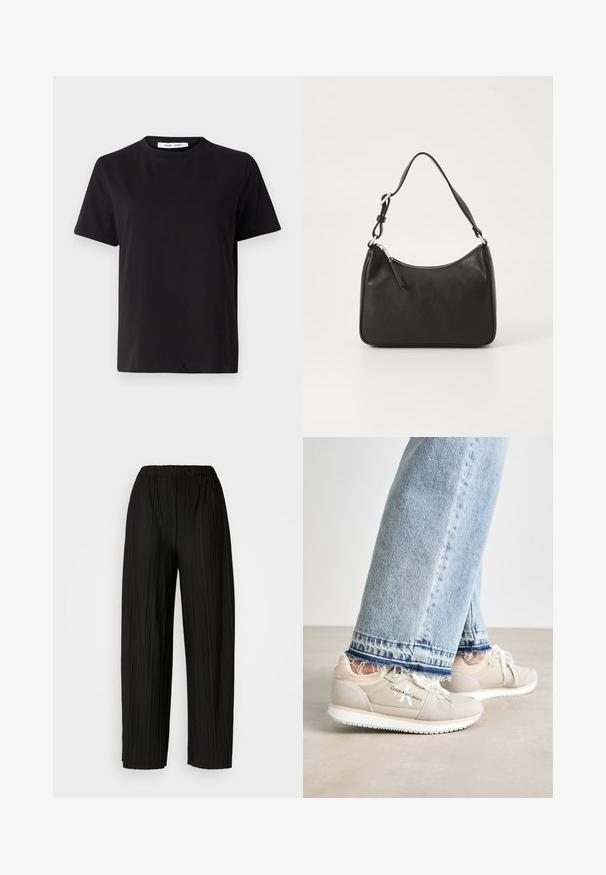 T-shirt preto de manga curta feito de algodão suave, com decote redondo, ajuste descontraído e uma textura suave. Sem padrões ou gráficos visíveis.; Calças largas de pregas pretas com uma cintura elástica. O tecido apresenta pregas verticais e uma textura suave.; Calvin Klein Jeans RUNNER - Sapatilhas - eggshell/whisper pink; Mala de mão em couro preto com formato curvo, uma alça, fecho em zip e uma marcação discreta na frente. Textura suave, design minimalista.