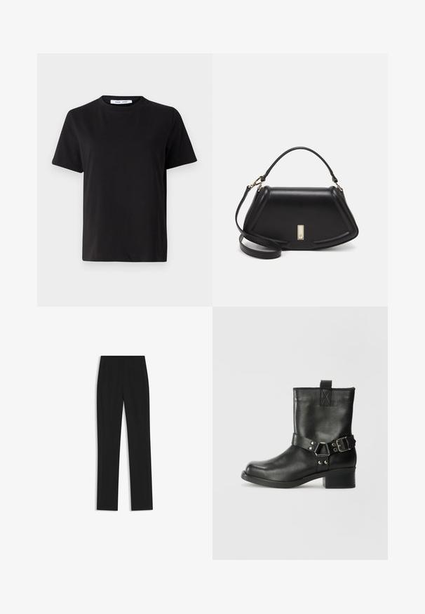 Svart kortärmad t-shirt i mjuk bomull, med rund halsringning, avslappnad passform och en mjuk yta. Inga synliga mönster eller tryck.; Svarta skräddarsydda byxor med rak bendesign, som har framfickor och ett slätt, strukturerat tyg. Prydlig, minimal detaljer.; Samsøe Samsøe SABRENTA - Cowboy- / Bikerstövletter - black; Svart läderhandväska med en strukturerad design, som har en avskuren form, ett handtag upptill och guldiga detaljer. Justerbar axelrem ingår.