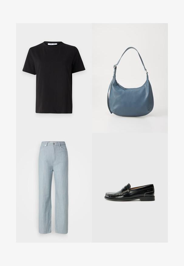 Musta lyhythihainen t-paita, joka on valmistettu pehmeästä puuvillasta. Paitassa on pyöreä kaula-aukko, rento malli ja sileä pinta. Ei näkyviä kuvioita tai graafisia elementtejä.; Vaaleansiniset suorat farkut, jotka on valmistettu denimistä. Sisältää viisi taskua, metallinappikiinnityksen ja hienovaraisen kulutustekstuurin.; Musta nahkakengät, joissa on ommeltu kuvio, sileä pinta, matala lohkare korko ja hopeinen yksityiskohta. Klassinen pyöristetty varvashana.; Sininen nahkakäsilaukku pyöreällä muotoilulla, yhdellä olkahihnalla, vetoketjukiinnityksellä ja kohokuvioidulla brändinimellä edessä. Sileä pinta.