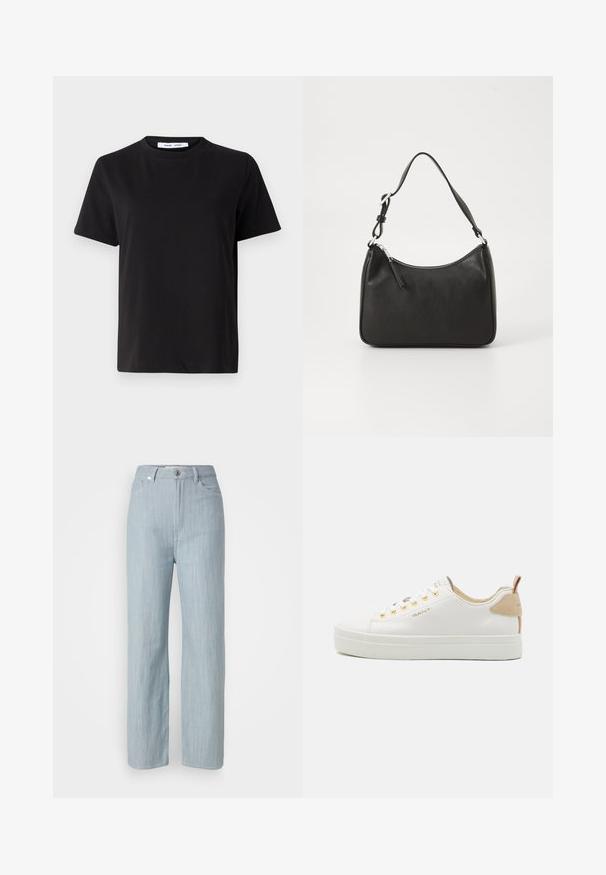Fekete, rövid ujjú póló, puha pamutból készült, kerek nyakkivágással, laza szabással és sima textúrával. Nincs látható minta vagy grafikák.; Világoskék egyenes szárú farmernadrág. Öt zsebbel, fém gombos záródással és finom kopási hatással a textúra érdekében rendelkezik.; Fehér bőr tornacipők, texturált gumi talppal, arany fémlyukakkal és bézs díszítéssel a saroknál. A GANT logó oldalra helyezve.; Fekete bőrtáska ívelt formával, egyetlen pánttal, cipzáras záródással és diszkrét logóval az elején. Simább textúra, minimalista dizájn.