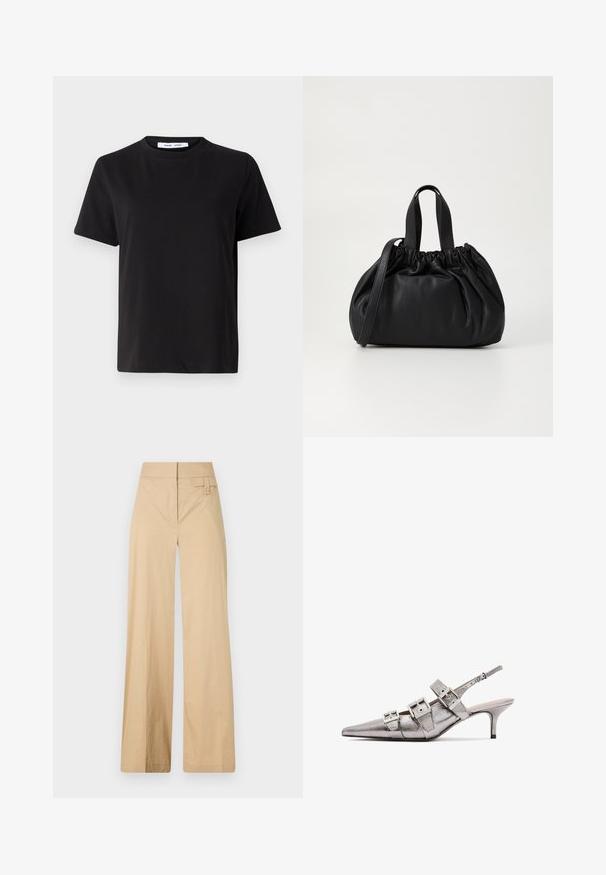 T-shirt preto de manga curta feito de algodão suave, com decote redondo, ajuste descontraído e uma textura suave. Sem padrões ou gráficos visíveis.; Calças largas em bege feitas de um tecido misto de algodão. Apresentam uma textura suave, cintura elástica e um detalhe de botão lateral.; Sandal metálica prateada com salto alto e bico fino, apresentando três tiras largas e fivelas quadradas metálicas. Textura brilhante e salto fino.; Bolsa de couro preta com um design de topo franzido, apresentando duas alças curtas e uma alça longa ajustável. Textura suave, formato arredondado.