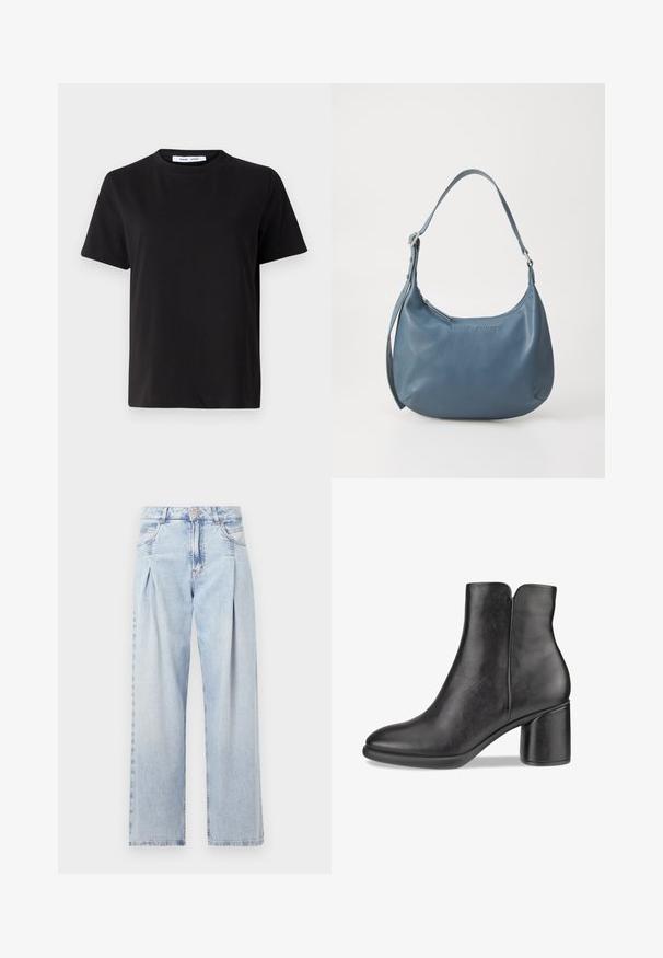 Svart kortermet t-skjorte laget av myk bomull, med rund hals, avslappet passform og en jevn tekstur. Ingen synlige mønstre eller grafikk.; Lyseblå denimjeans med høy livlinje, vide ben, to sidelommer og plisserte detaljer. Myk tekstur med en falmet finish.; Svart skinn ankelstøvel med rund tå, mid-høy blokkheel og en glatt tekstur. Har utskåret bakside og minimalistisk design.; Blå lærveske med rund form, enkel skulderreim, glidelås-lukking og preget merkenavn på forsiden. Glatt tekstur.