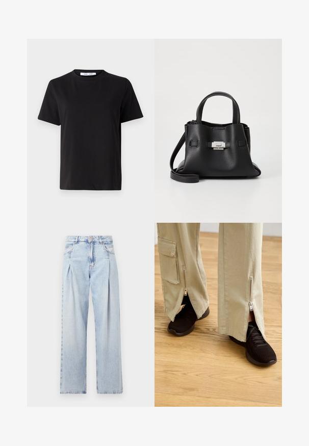 Fekete, rövid ujjú póló, puha pamutból készült, kerek nyakkivágással, laza szabással és sima textúrával. Nincs látható minta vagy grafikák.; Világoskék farmernadrág magas derekú, bő szabású, két oldalsó zsebbel és pliszírozott dizájnnal. Puha tapintású, elhalványított felület.; Beige széles lábú nadrág, cipzárokkal a bokákon, fekete sportcipőkkel kiegészítve, amelyek texturált felsőrésszel és párnázott talppal rendelkeznek.; Fekete bőr kézitáska struktúrált felülettel, két felső fogantyúval, levehető vállpánttal és ezüst színű csattal.