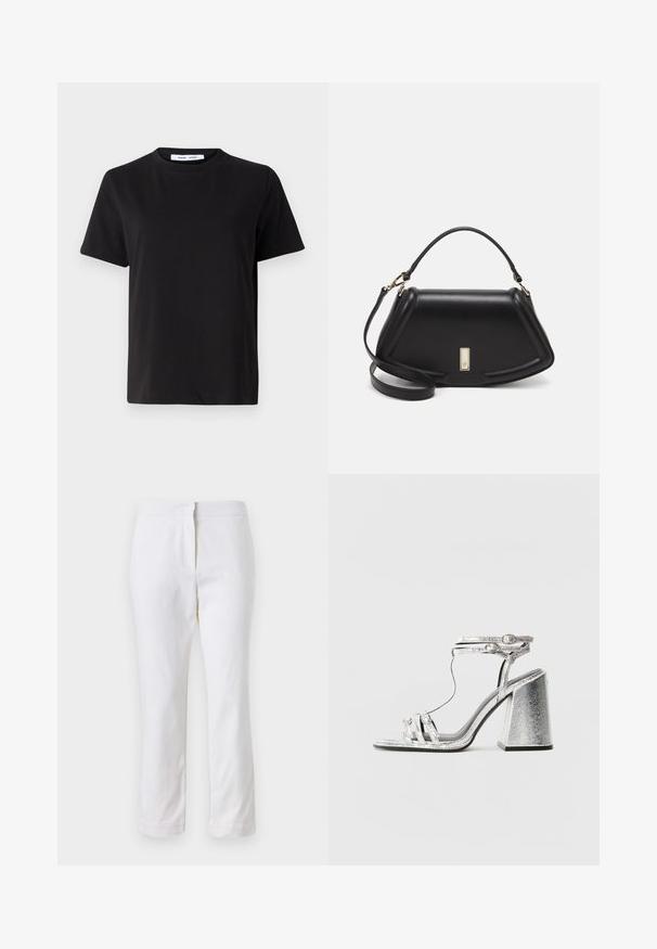 Black short-sleeve t-shirt made of soft cotton, featuring a round neckline, relaxed fit, and a smooth texture. No visible patterns or graphics.; White cotton pants with a straight leg design, featuring a mid-rise waist and no visible hardware or patterns. Smooth texture throughout.; Silver heeled sandal with a block heel, featuring thin straps and an ankle buckle. The material has a metallic finish with a textured appearance.; Black leather handbag with a structured design, featuring a cropped shape, top handle, and gold hardware accent. Adjustable shoulder strap included.