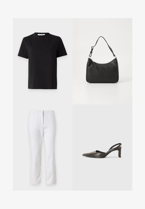T-shirt preto de manga curta feito de algodão suave, com decote redondo, ajuste descontraído e uma textura suave. Sem padrões ou gráficos visíveis.; Calças de algodão brancas com um design de perna reta, apresentando uma cintura de altura média e sem hardware ou padrões visíveis. Textura suave por toda a peça.; Sandal de salto com biqueira em couro castanho escuro com textura suave, apresentando uma tira estreita e um salto stiletto de altura média.; Mala de mão em couro preto com formato curvo, uma alça, fecho em zip e uma marcação discreta na frente. Textura suave, design minimalista.