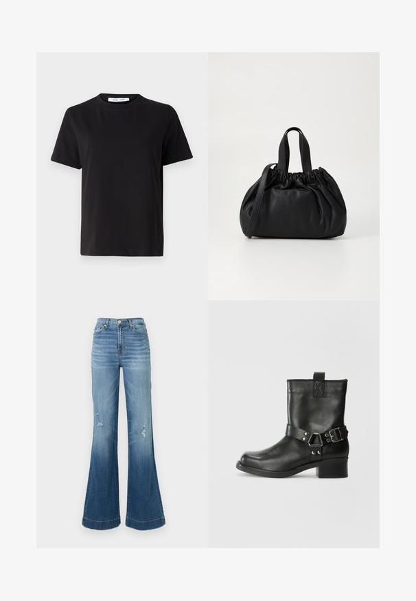 Schwarzes T-Shirt mit kurzen Ärmeln aus weicher Baumwolle, mit rundem Ausschnitt, lockerer Passform und glatter Textur. Keine sichtbaren Muster oder Grafiken.; Blaue Denim Schlagjeans mit hoher Taille, sichtbaren Nähten und lädierten Details in der Nähe der Knie. Die Schläge weiten sich von den Knien bis zum Saum.; Samsøe Samsøe SABRENTA - Cowboy-/Bikerstiefelette - black; Schwarze Lederhandtasche mit einem gerafften Oberteil, ausgestattet mit zwei kurzen Griffen und einem langen verstellbaren Schulterriemen. Glatte Textur, runde Form.