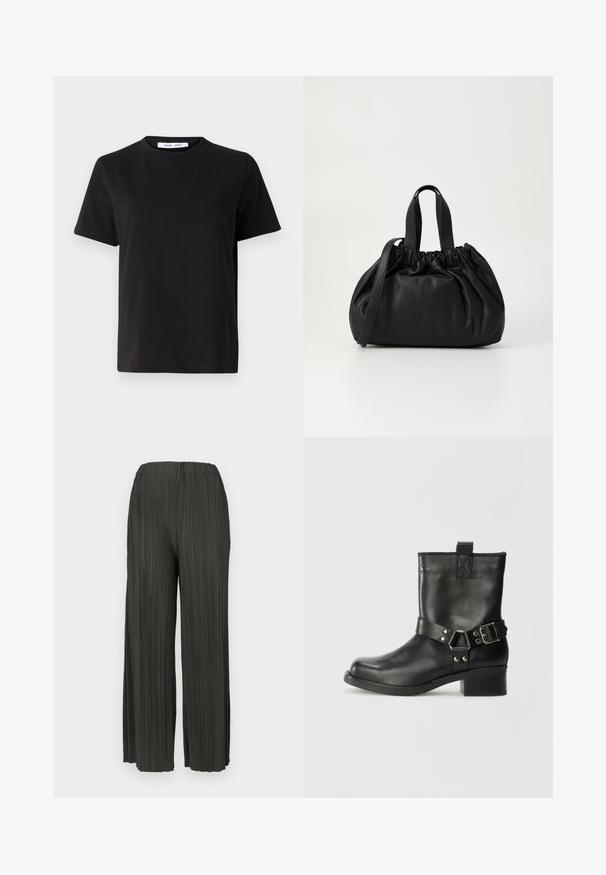 Black short-sleeve t-shirt made of soft cotton, featuring a round neckline, relaxed fit, and a smooth texture. No visible patterns or graphics.; Dark green pleated wide-leg pants with an elastic waistband, featuring vertical texture and a flowing, lightweight fabric.; Samsøe Samsøe SABRENTA - Cowboy/biker ankle boot - black; Black leather handbag with a gathered top design, featuring two short handles and a long adjustable strap. Smooth texture, rounded shape.
