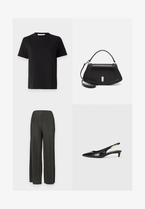 Zwart T-shirt met korte mouwen, gemaakt van zachte katoen, met een ronde hals, een ontspannen pasvorm en een gladde textuur. Geen zichtbare patronen of opdrukken.; Donkergroene geplooide broek met wijde benen en een elastische tailleband, met een verticale textuur en een vloeiende, lichte stof.; Zwarte leren slingback hakken met een spitse neus, voorzien van een slanke hak en een goudkleurige accent op de verstelbare band. Gladde textuur.; Zwarte leren handtas met een gestructureerd ontwerp, featuring een verkorte vorm, bovenhandvat en gouden hardwareaccent. Inclusief verstelbare schouderband.
