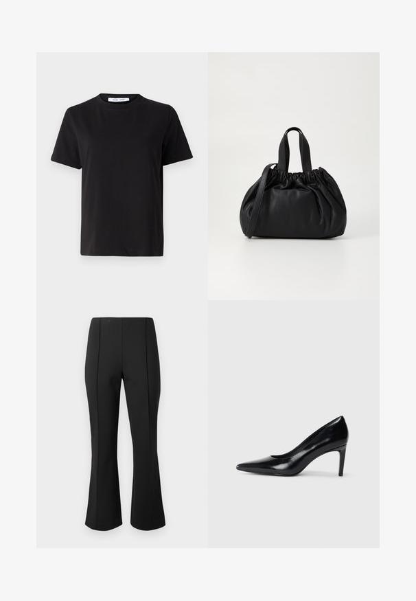 Čierne tričko s krátkym rukávom vyrobené z mäkkej bavlny, s okrúhlym výstrihom, uvoľneným strihom a hladkou štruktúrou. Žiadne viditeľné vzory ani grafika.; Čierne rozšírené nohavice vyrobené z elastického materiálu, s hladkou textúrou, dvoma prednými švami a strihom bez vreciek.; Čierna kožená vysoká topánka s ihlovým podpätkom a špičatou špicou, hladkou textúrou a zúženým podpätkom. Minimalistický dizajn, bez ďalších ozdôb.; Čierna kožená kabelka so zberaným vrchom, s dvoma krátkymi držadlami a dlhým nastaviteľným popruhom. Hladká textura, zaoblený tvar.