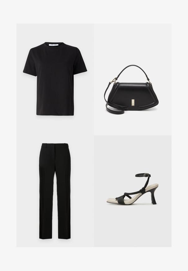 Czarny t-shirt z krótkim rękawem wykonany z miękkiej bawełny, z okrągłym dekoltem, luźnym krojem i gładką fakturą. Bez widocznych wzorów ani grafik.; Czarne spodnie o prostym kroju, wykonane z gładkiego materiału, z płaskim przodem, szlufkami na pasek i bez widocznych wzorów czy akcentów.; Czarne sandały na obcasie z plecionym paskiem, kwadratowym noskiem i regulowanym paskiem na kostkę. Jasnobeżowa wkładka z błyszczącym czarnym obcasem.; Czarna skórzana torebka o strukturalnym designie, z przyciętą formą, górnym uchwytem i złotymi akcentami. W zestawie regulowany pasek na ramię.