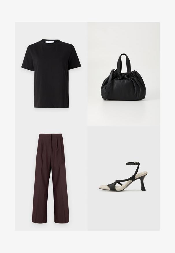 Black short-sleeve t-shirt made of soft cotton, featuring a round neckline, relaxed fit, and a smooth texture. No visible patterns or graphics.; Wide-leg trousers in dark burgundy fabric. Features a flat waistband and front pleats. Smooth texture with a tailored design.; Black heeled sandal with braided strap design, square toe, and adjustable ankle strap. Light beige footbed with a glossy black heel.; Black leather handbag with a gathered top design, featuring two short handles and a long adjustable strap. Smooth texture, rounded shape.
