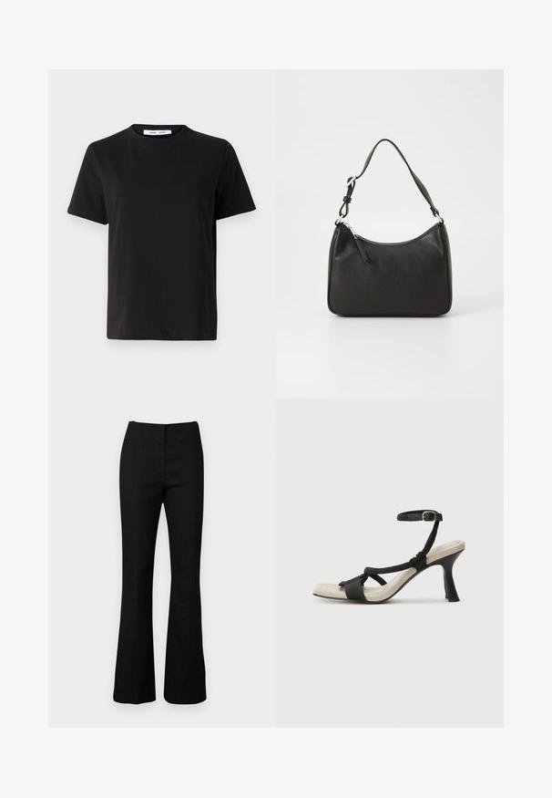 Schwarzes T-Shirt mit kurzen Ärmeln aus weicher Baumwolle, mit rundem Ausschnitt, lockerer Passform und glatter Textur. Keine sichtbaren Muster oder Grafiken.; Schwarze, ausgestellte Hosen mit glatter Textur und tailliertem Schnitt. Sie haben eine hohe Taille und ein minimalistisches Design. Keine sichtbaren Muster oder Hardware.; Schwarze Absatzsandale mit geflochtenem Riemendesign, quadratischer Spitze und verstellbarem Knöchelriemen. Helle beigefarbene Sohle mit glänzendem schwarzen Absatz.; Schwarze Lederhandtasche mit geschwungener Form, einem einzigen Tragegurt, Reißverschlussverschluss und dezentem Branding auf der Vorderseite. Glatte Textur, minimalistisches Design.