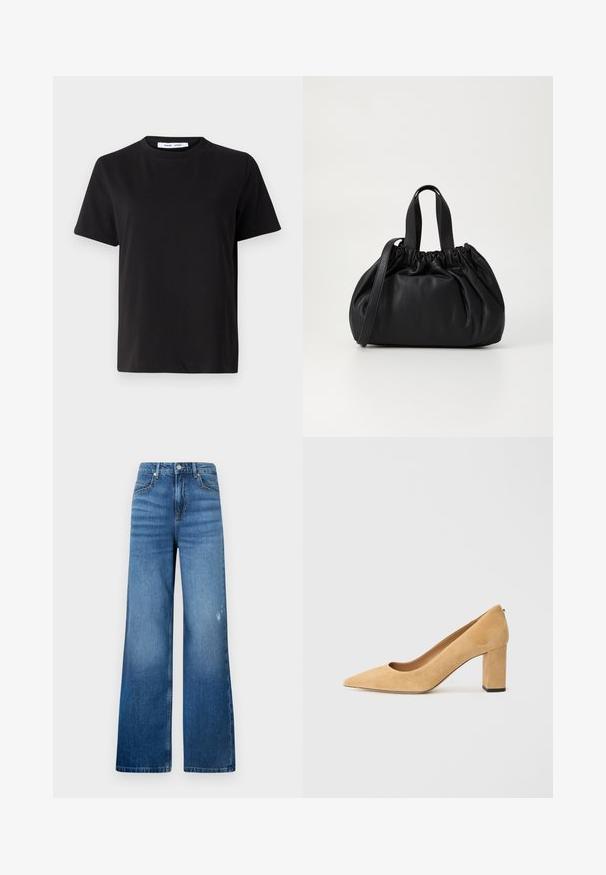 Must have lühikeste varrukatega t-särk, mis on valmistatud pehmest puuvillast, ümmarguse kaelusega, lõdva sobivusega ja sileda tekstuuriga. Ei ole nähtavaid mustreid ega graafikat.; Laiad sinised denim teksad kerge kulumisega, milles on viis taskut ja standardne vöökoht nupuga sulgemiseks. Sujuv tekstuur.; Beežist nubukist kõrge kontsaga kingad, millel on terav nina ja massiivne plokkkonts. Materjal on pehme tekstuuriga ja sileda pinnaga.; Mustmust mustkott mustrihmaga ülaosa disainiga, millel on kaks lühikest käepidet ja pikk reguleeritav rihm. Sile tekstuur, ümar kuju.