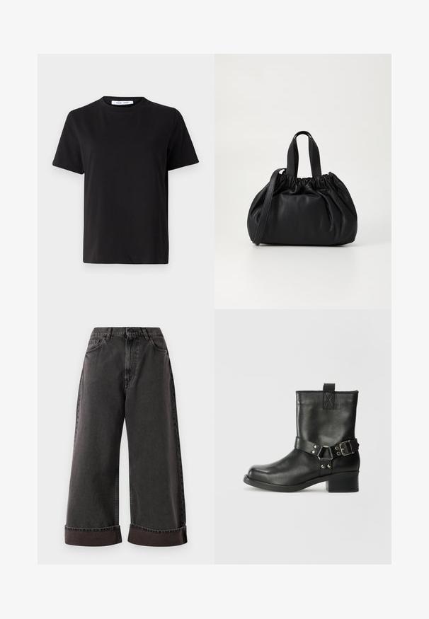 Crna kratka majica s kratkim rukavima od mekanog pamuka, s okruglim izrezom, opuštenim krojem i glatkom teksturom. Nema vidljivih uzoraka ili grafike.; Crne široke traperice s preklopljenim rubovima, zatvaranje potpomognuto gumbom i patentnim zatvaračem, te bočne i prednje džepove.; Samsøe Samsøe SABRENTA - Kaubojske/motorističke gležnjače - black; Crna kožna torba s nabranim dizajnom na vrhu, s dva kratka ručka i dugim podesivim remenom. Glatka tekstura, zaobljen oblik.