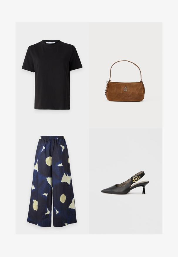 Čierne tričko s krátkym rukávom vyrobené z mäkkej bavlny, s okrúhlym výstrihom, uvoľneným strihom a hladkou štruktúrou. Žiadne viditeľné vzory ani grafika.; Modré a smotanové vzorované nohavice s širokými nohavicami a elastickým pásom. Materiál vyzerá ľahko a má textúru. Obsahuje nepravidelné tvary po celom povrchu.; Čierne lodičky na podpätku so špicatou špičkou, hladkým koženým povrchom a zlatým prackovým zdobením na remienku.; Hnedá semišová kabelka s krátkym popruhom. Obsahuje strieborné logo, akcent s hviezdou a hladký povrch. Kompaktný obdĺžnikový tvar.
