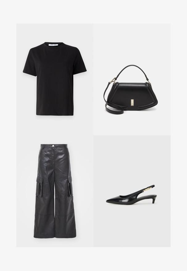 Black short-sleeve t-shirt made of soft cotton, featuring a round neckline, relaxed fit, and a smooth texture. No visible patterns or graphics.; Black leather cargo pants with a wide-leg design featuring two side pockets and detailed stitching. The fabric has a smooth, glossy texture.; Black leather slingback heels with a pointed toe, featuring a slim heel and a gold-tone accent on the adjustable strap. Smooth texture.; Black leather handbag with a structured design, featuring a cropped shape, top handle, and gold hardware accent. Adjustable shoulder strap included.