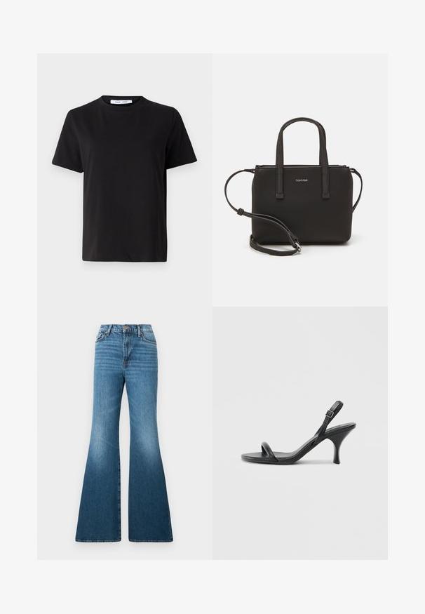 Juodas trumpas rankovės marškinėliai, pagaminti iš minkštos medvilnės, su apvaliu iškirpimu, laisvu pritaikymu ir lygiu paviršiumi. Nėra matomų raštų ar grafikos.; Mėlyni žemyn plačiomis kojomis džinsai iš džinso audinio, aukštu liemeniu, subtilaus blukimo ir siūlių bei kišenių siuvimo detalėmis.; Juodos odinės aukštakulnės šlepetės su plonu, kreiviu kulnu ir kryžminiu dirželio dizainu. Reguliuojamas kulkšnies dirželis. Lygus paviršius.; Juoda rankinė su dviem trumpais rankenėlėmis ir nuimamu petį. Lygaus odos tipo medžiaga su užtrauktuku ir logotipo detale.