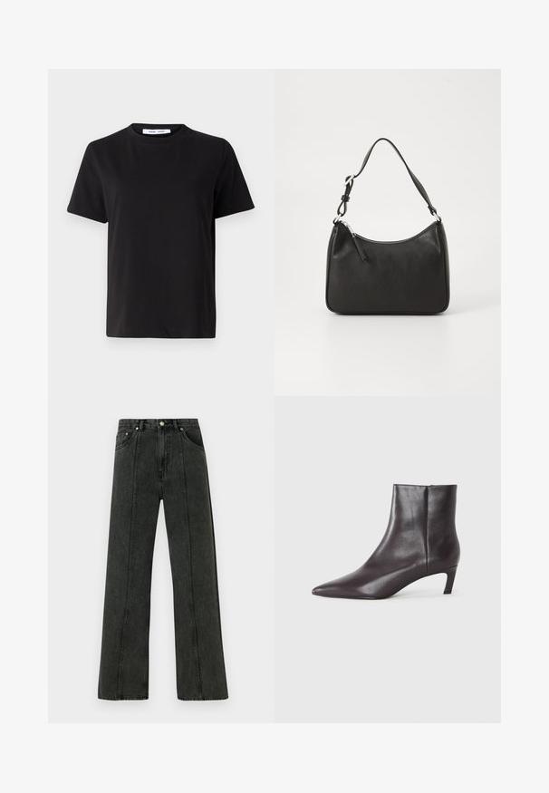 Svart kortermet t-skjorte laget av myk bomull, med rund hals, avslappet passform og en jevn tekstur. Ingen synlige mønstre eller grafikk.; Høytlivs jeans med brede ben i mørkegrå denim. Har et klassisk fem-lommers design og synlige sømmer langs forbenene.; Svart lær ankelstøvlett med spiss tå og lav kitten hæl, jevn finish, glidelås på siden, vist på en nøytral bakgrunn.; Svart lærveske med en buet form, en enkelt stropp, glidelåslukking og subtil merkevarebygging på forsiden. Glatt tekstur, minimalistisk design.